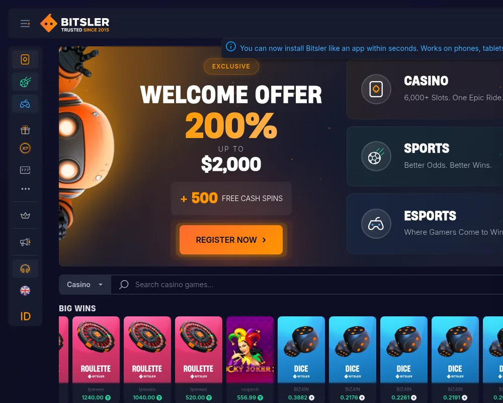 Screenshot: the Bitsler home page with a welcome offer of 200% up to $2,000 in the banner.