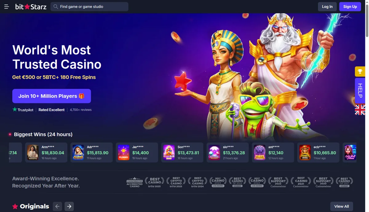Screenshot: the BitStarz home page with the welcome offer of €500 or 5 BTC plus 180 free spins.