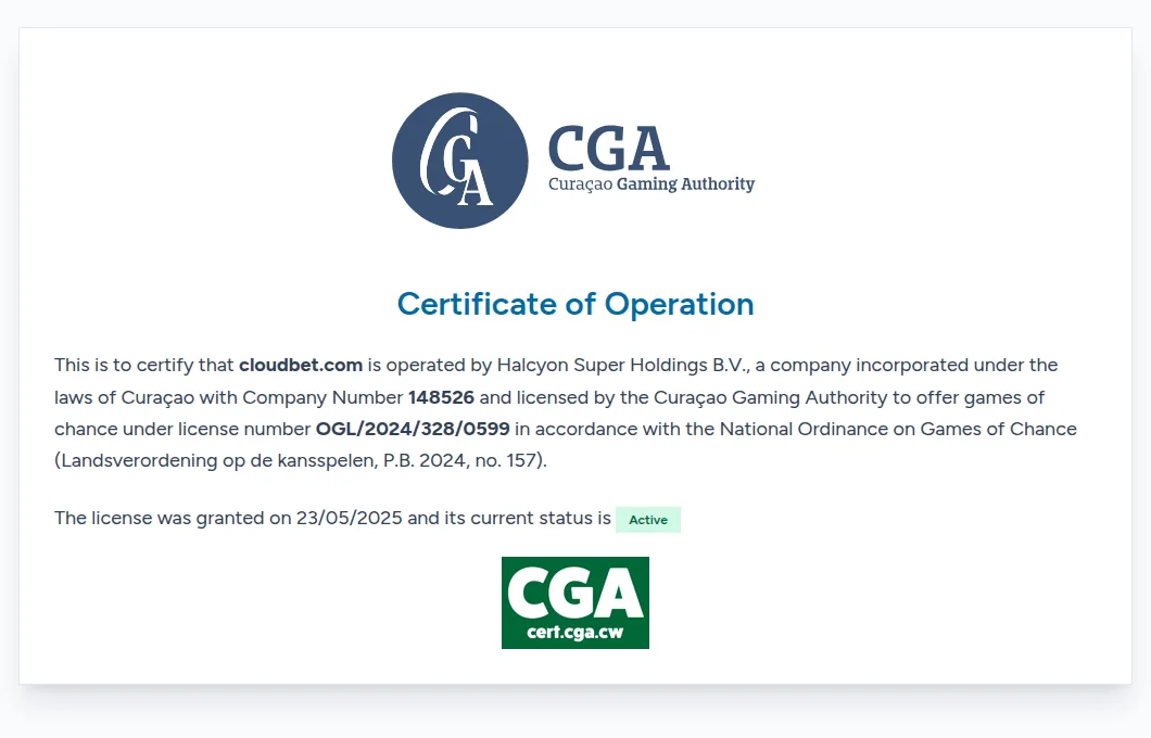 Screenshot: the Curaçao Gaming Authority register entry for cloudbet.com, with licence number OGL/2024/328/0599 and the status Active.