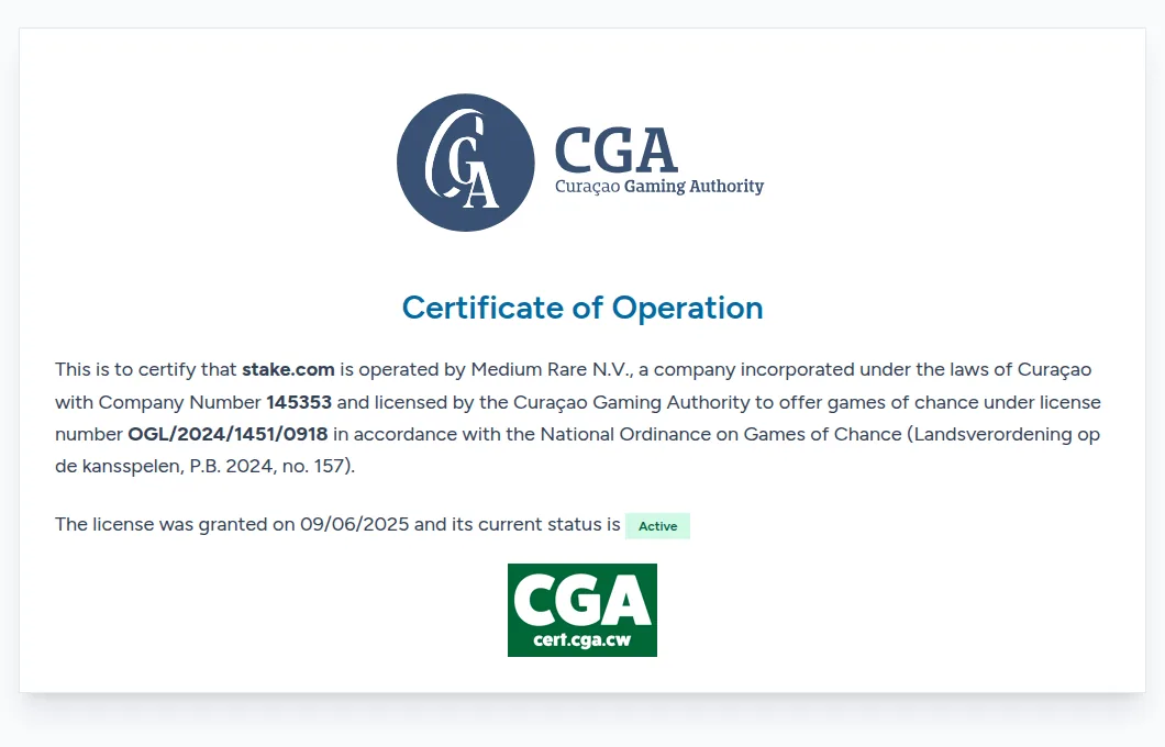 Screenshot: the Curaçao Gaming Authority register entry for stake.com, with licence number OGL/2024/1451/0918 and the status Active.