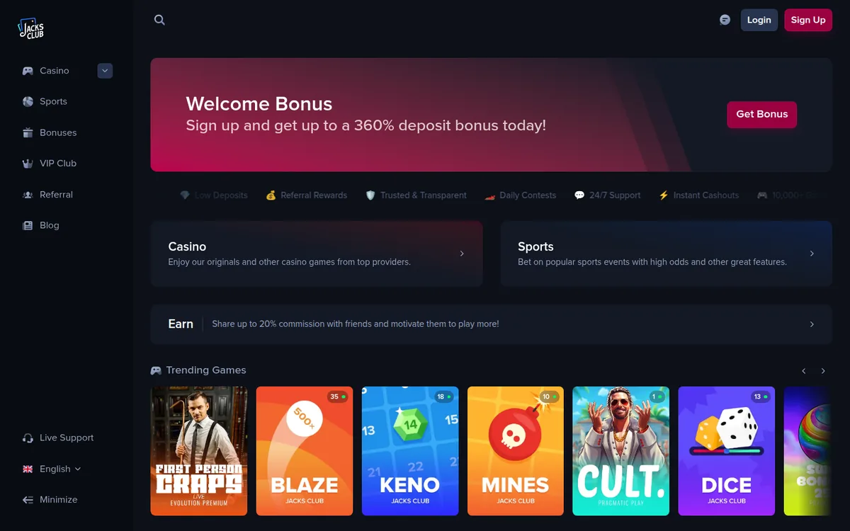 Screenshot: the Jacksclub home page with a casino and a sports area and a row of games such as Keno, Mines and Dice.
